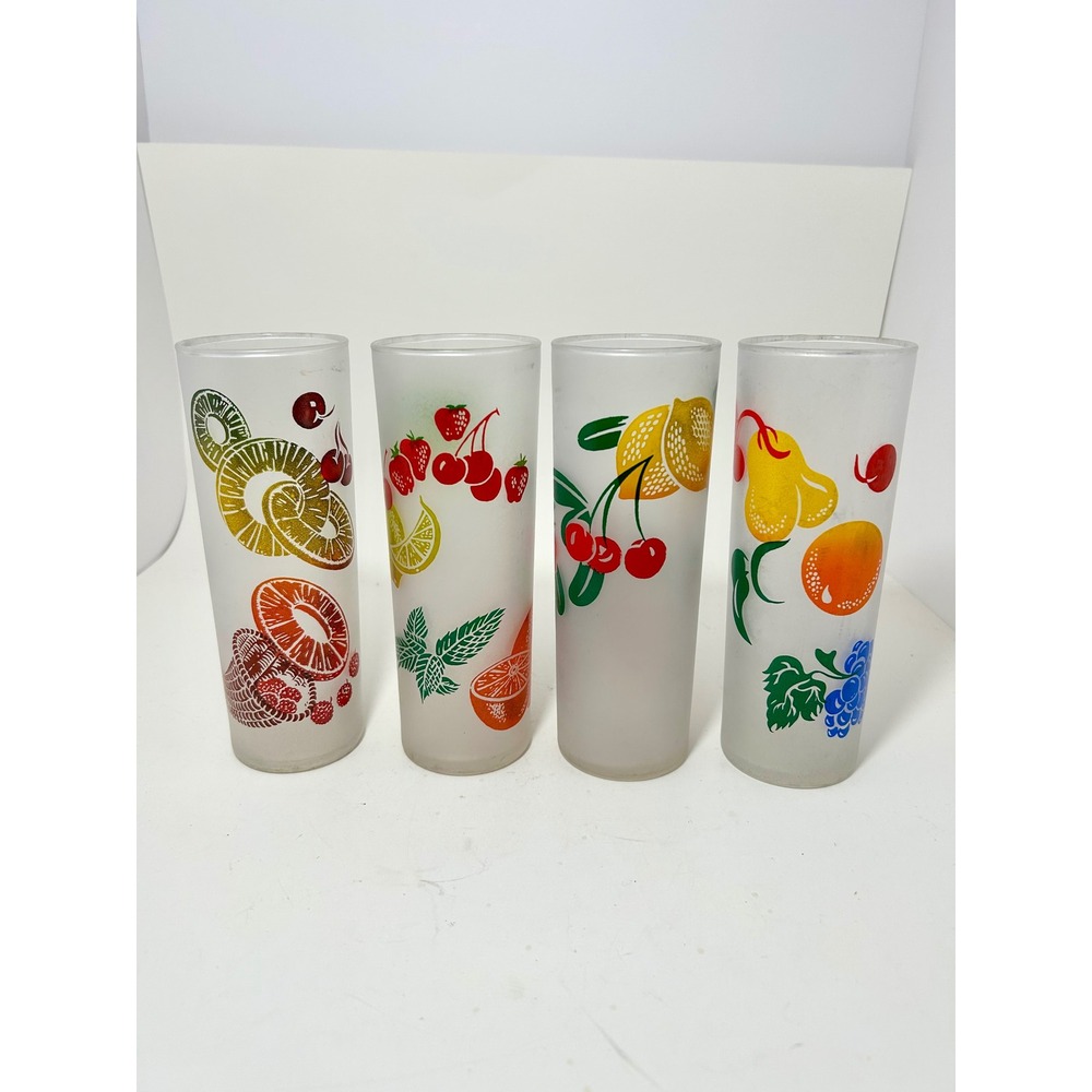 Vintage Federal Glass Frosted Fruit Collins Glasses Set of 4 MCM Barware